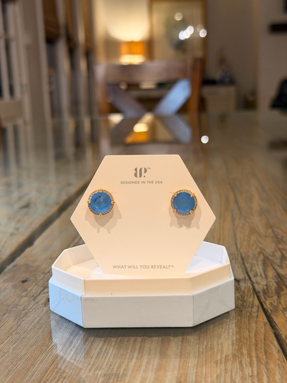 Bomb Party NWOT! Blue Druzy Stud Earrings with Gold Trim